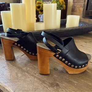 Sigerson Morrison Black Leather Wrap Strap Studded Wooden Clog